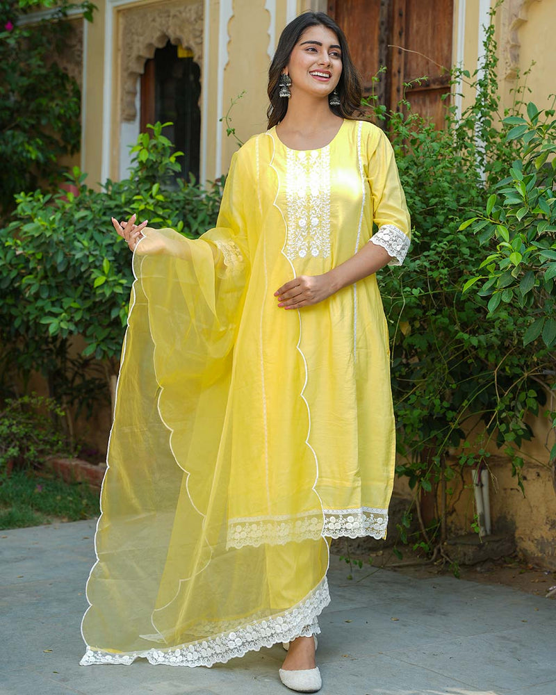YELLOW CHANDERI SUIT SET WITH LACE WORK