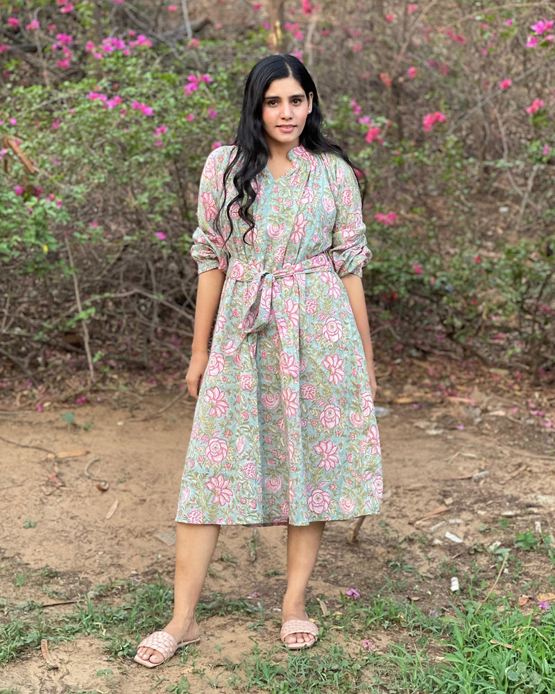 GREEN & PINK VOIL HANDBLOCK DRESS