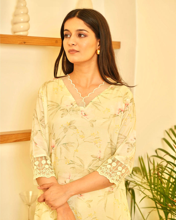 YELLOW MUSLIN KURTA SET WITH LACE WORK