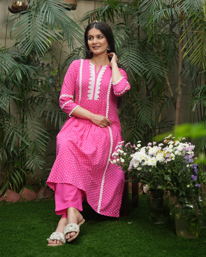 PINK COTTON KURTA SET WITH LACE WORK