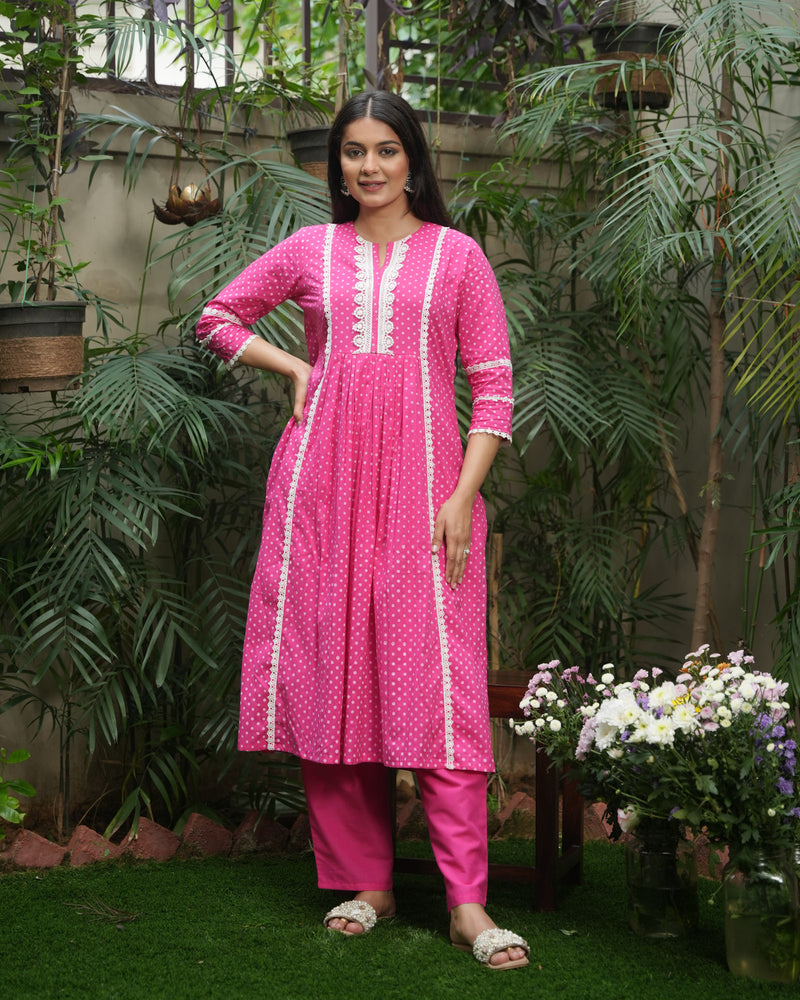 PINK COTTON KURTA SET WITH LACE WORK