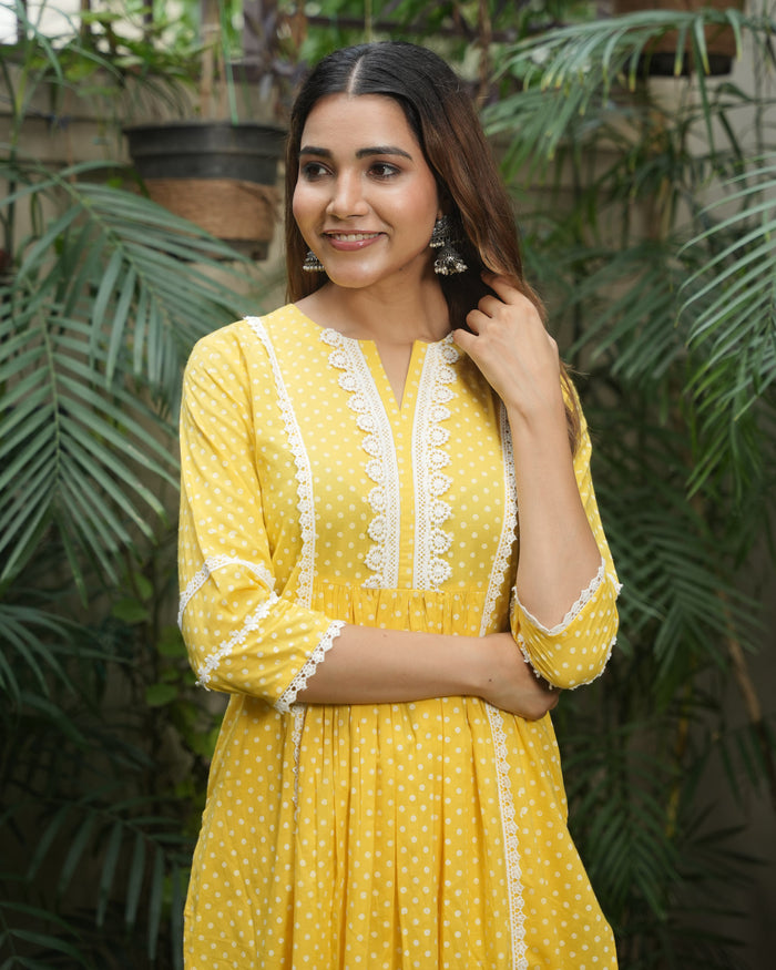 YELLOW COTTON KURTA SET WITH LACE WORK