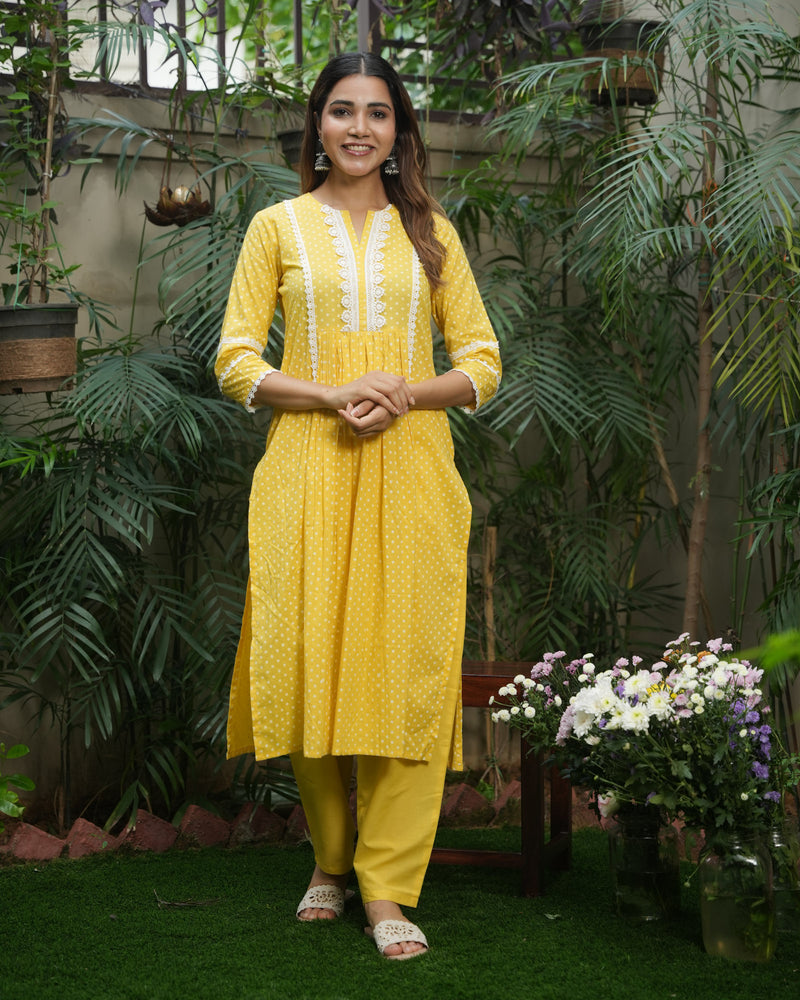 YELLOW COTTON KURTA SET WITH LACE WORK