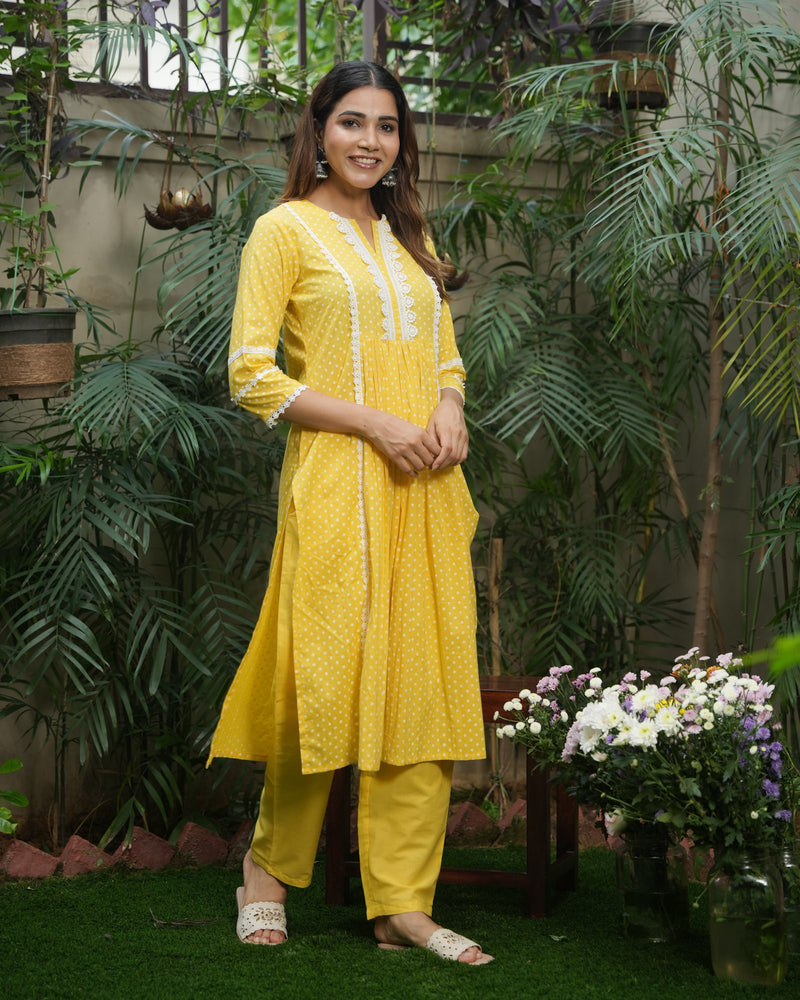 YELLOW COTTON KURTA SET WITH LACE WORK