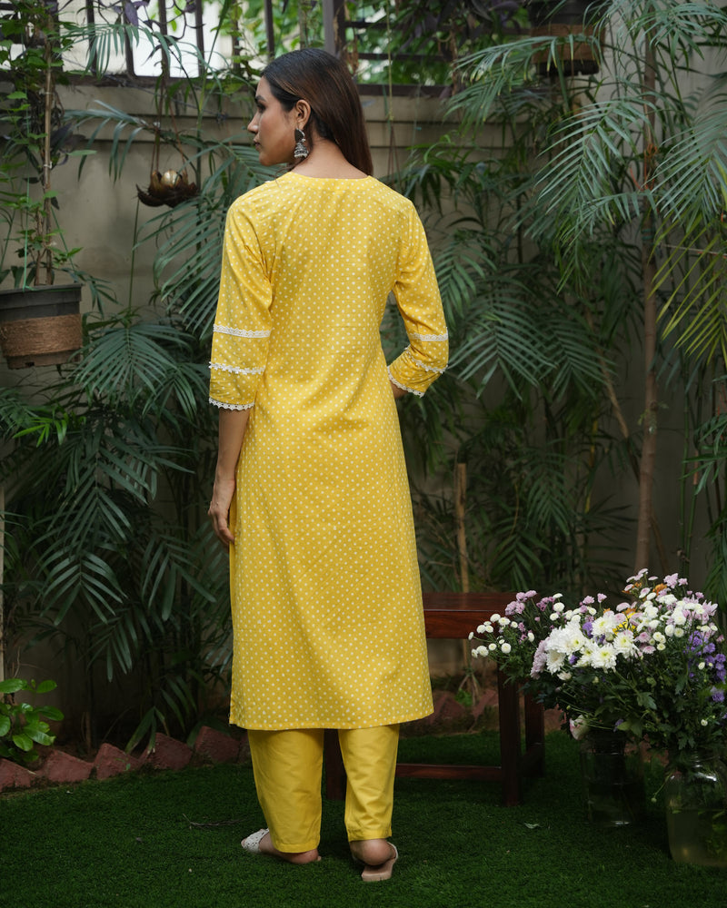 YELLOW COTTON KURTA SET WITH LACE WORK