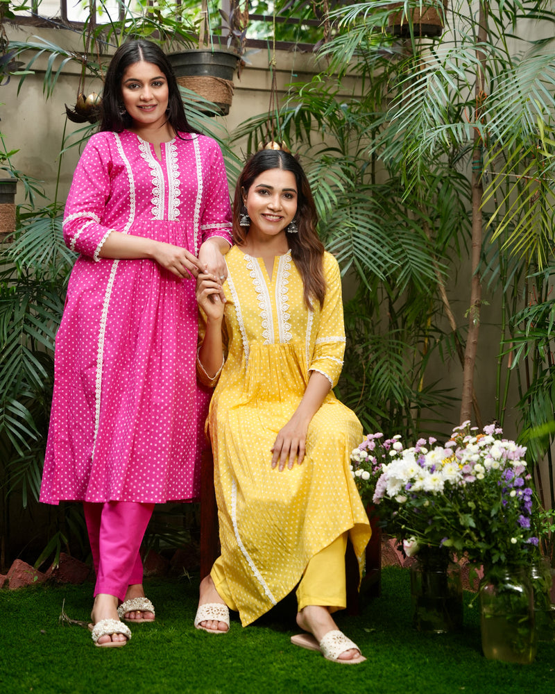 YELLOW COTTON KURTA SET WITH LACE WORK