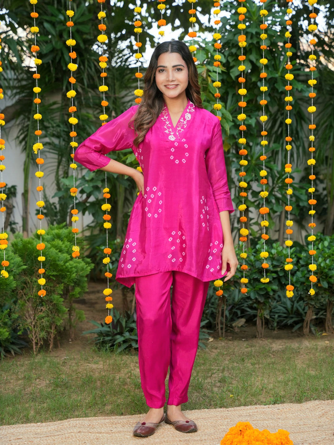 PINK HANDWORK AND BANDHEJ WORK CO-ORD SET