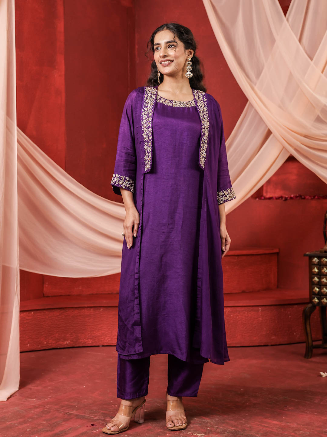 PURPLE CO-ORD SET WITH SHRUG – Gulabi Dori