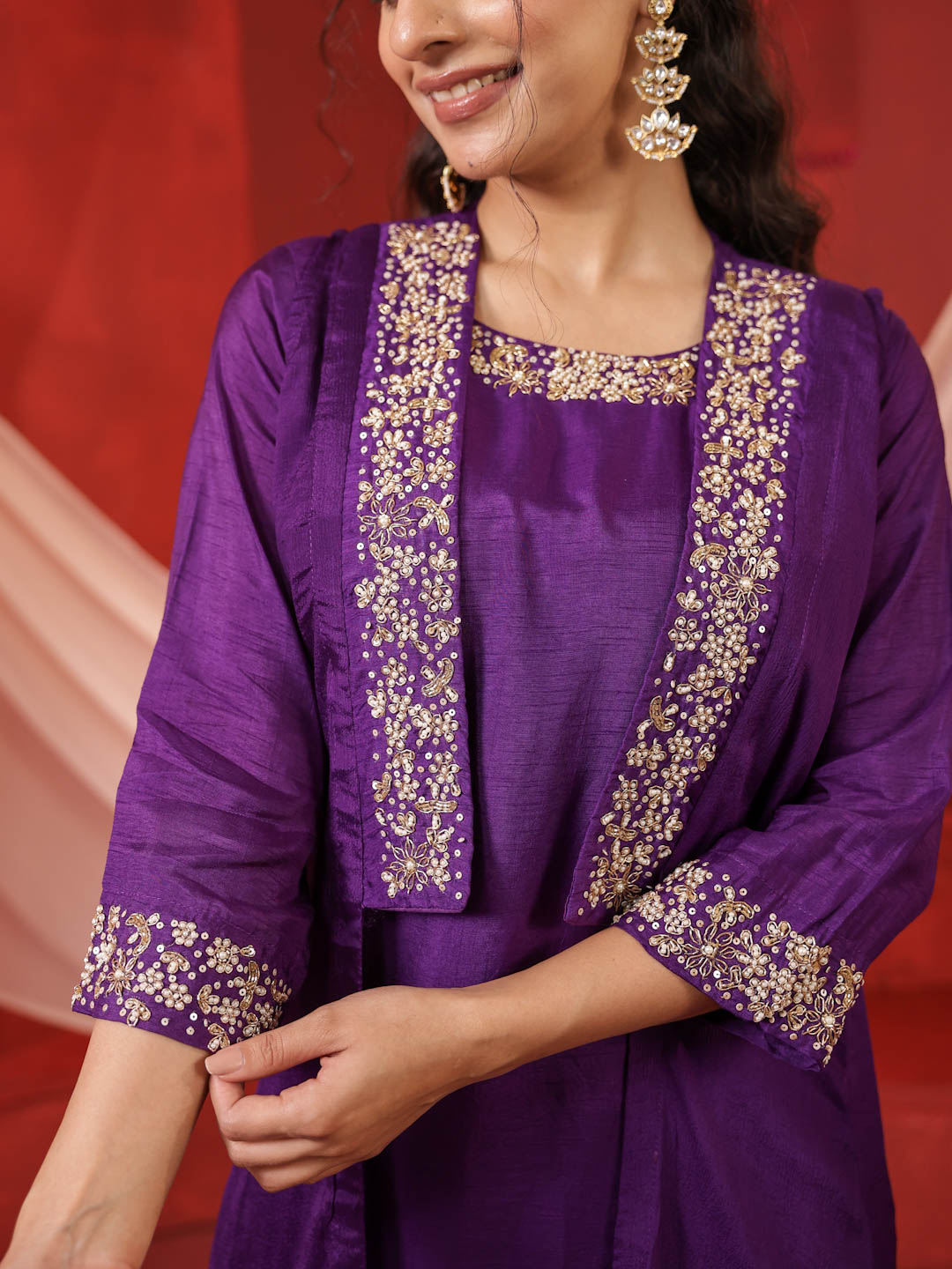 PURPLE CO-ORD SET WITH SHRUG