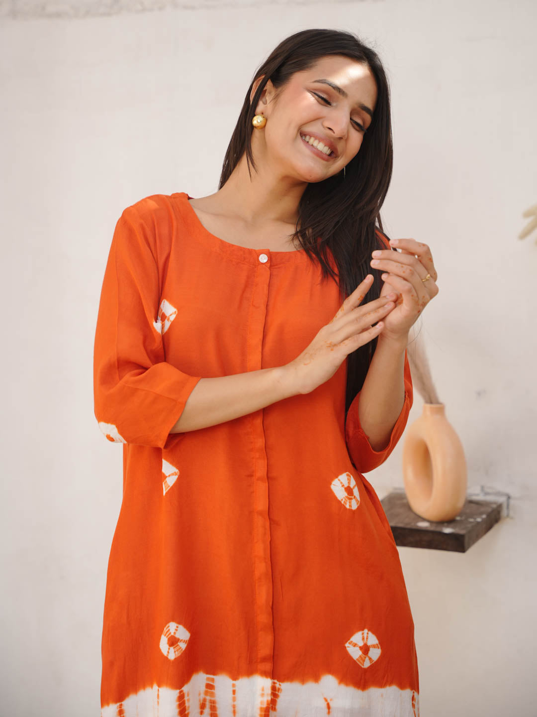 ORANGE SHANTUNG SILK CO-ORD SET WITH BANDHEJ & TIE DYE