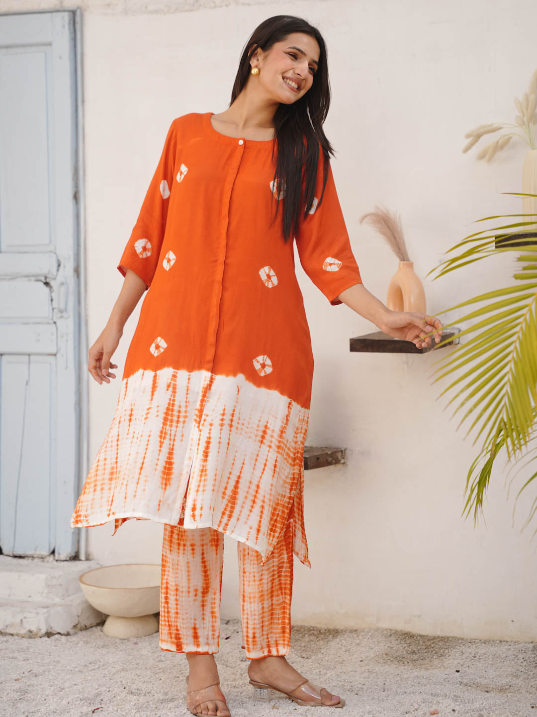 ORANGE SHANTUNG SILK CO-ORD SET WITH BANDHEJ & TIE DYE