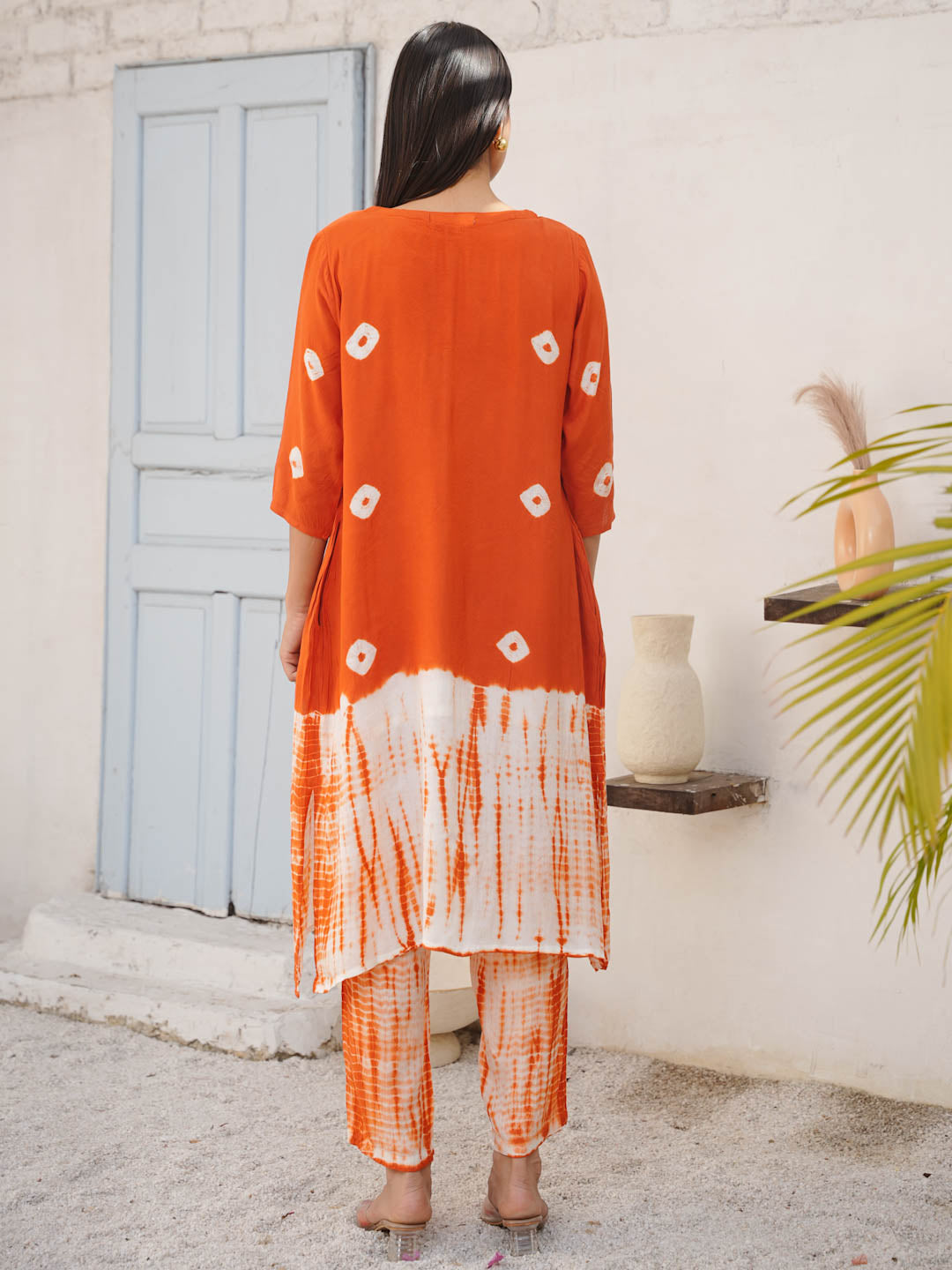 ORANGE SHANTUNG SILK CO-ORD SET WITH BANDHEJ & TIE DYE