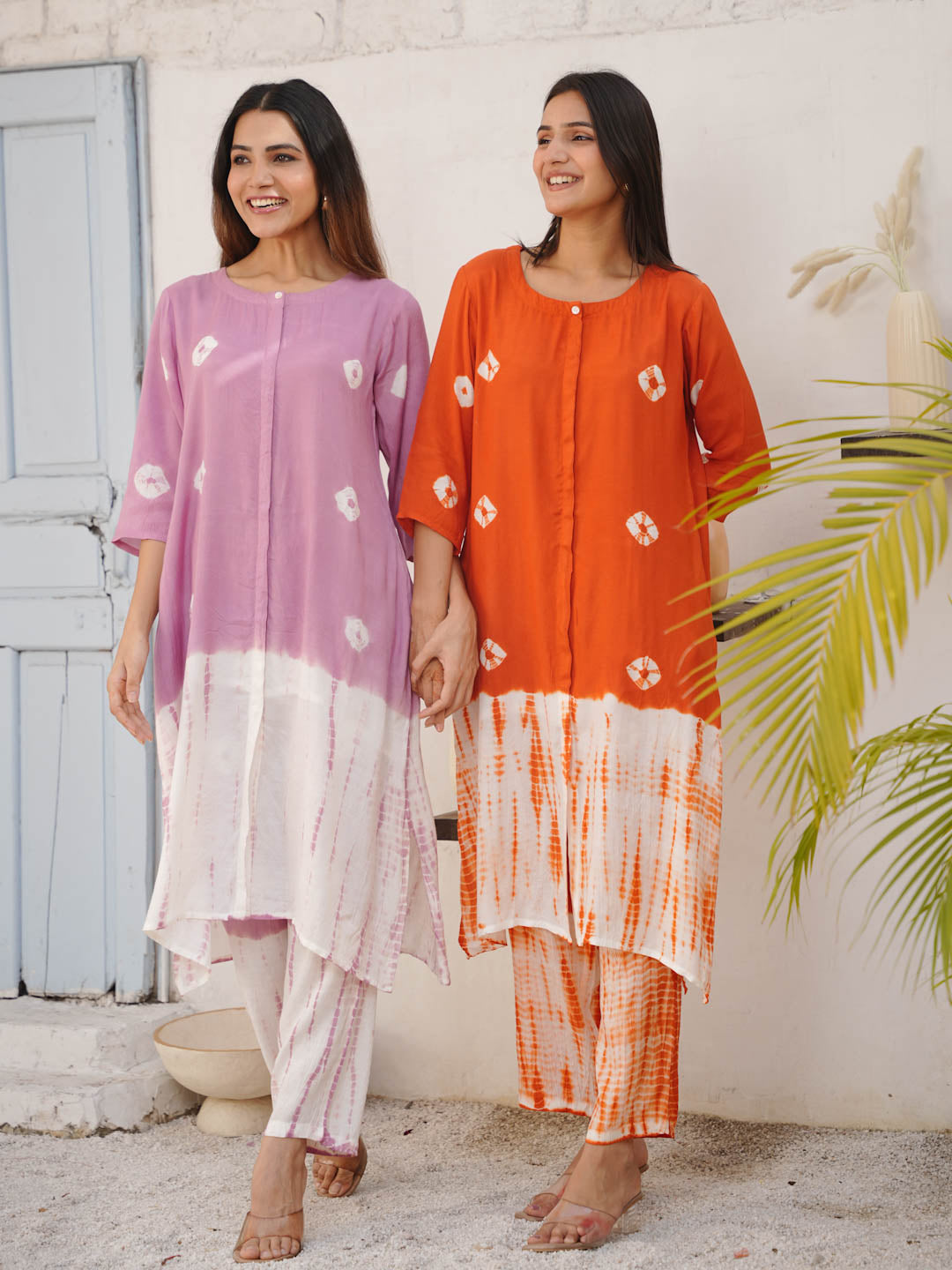 ORANGE SHANTUNG SILK CO-ORD SET WITH BANDHEJ & TIE DYE