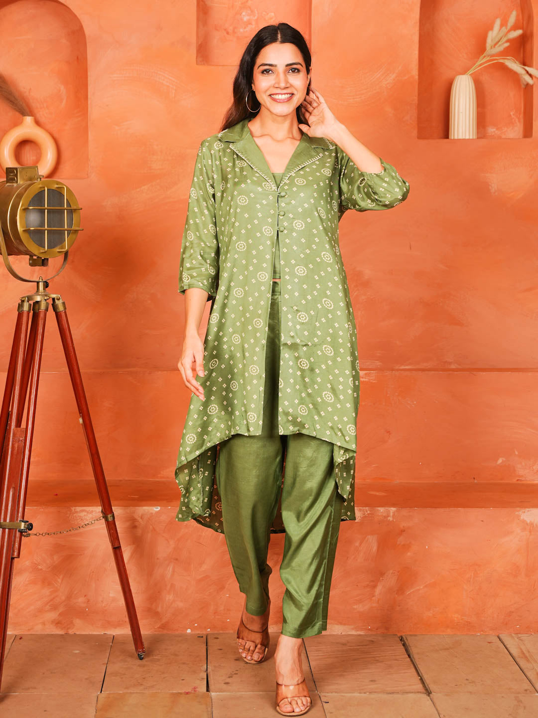 BOTTLE GREEN SHANTUNG SILK CO-ORD SET WITH INNER