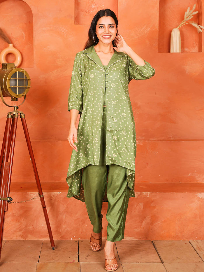 BOTTLE GREEN SHANTUNG SILK CO-ORD SET WITH INNER