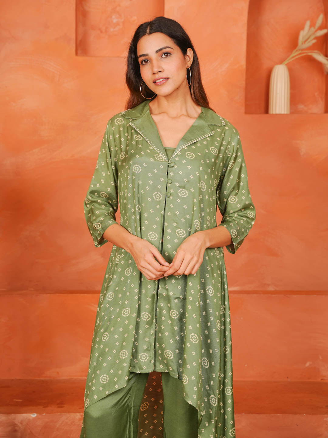 BOTTLE GREEN SHANTUNG SILK CO-ORD SET WITH INNER