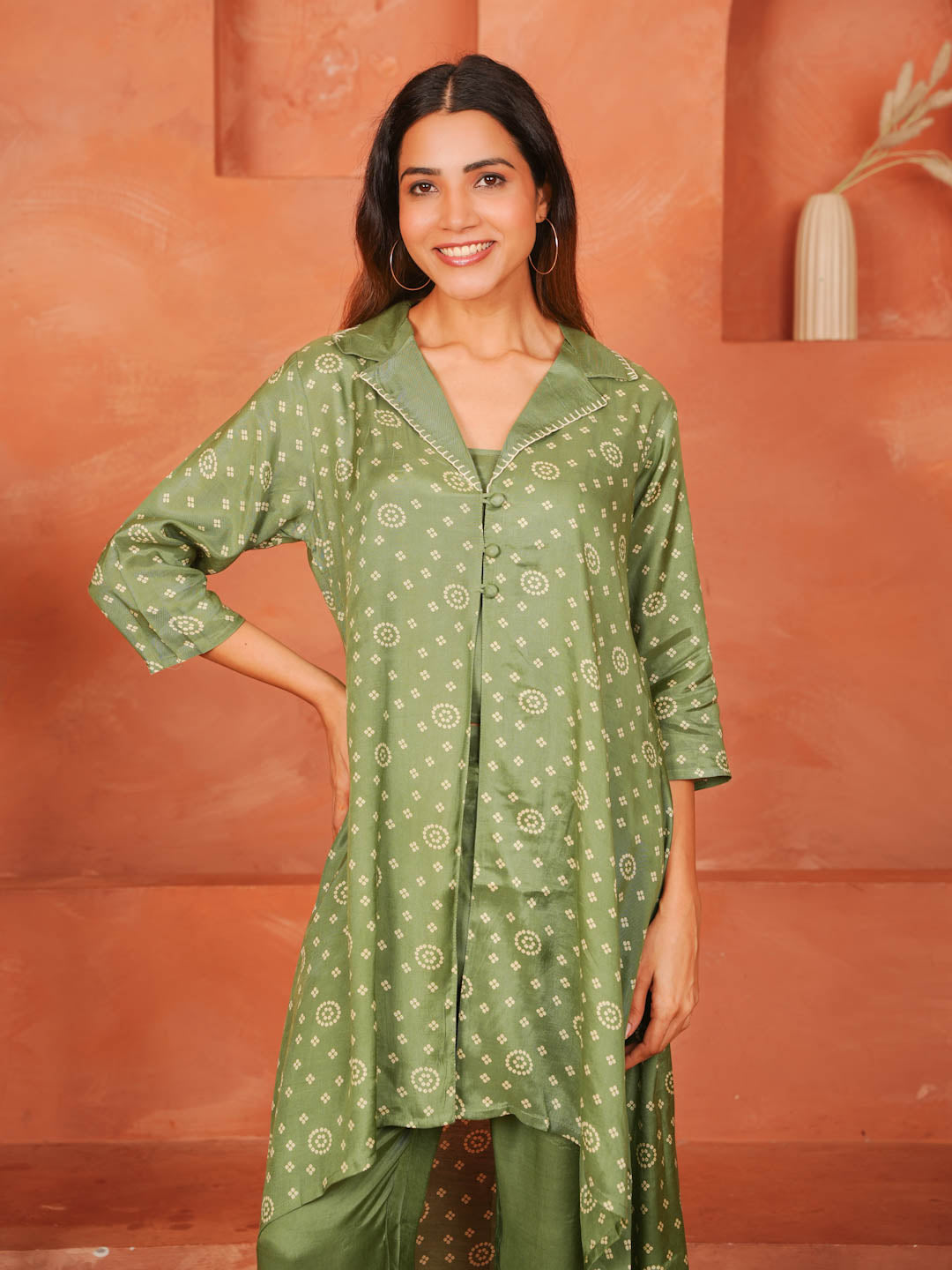 BOTTLE GREEN SHANTUNG SILK CO-ORD SET WITH INNER