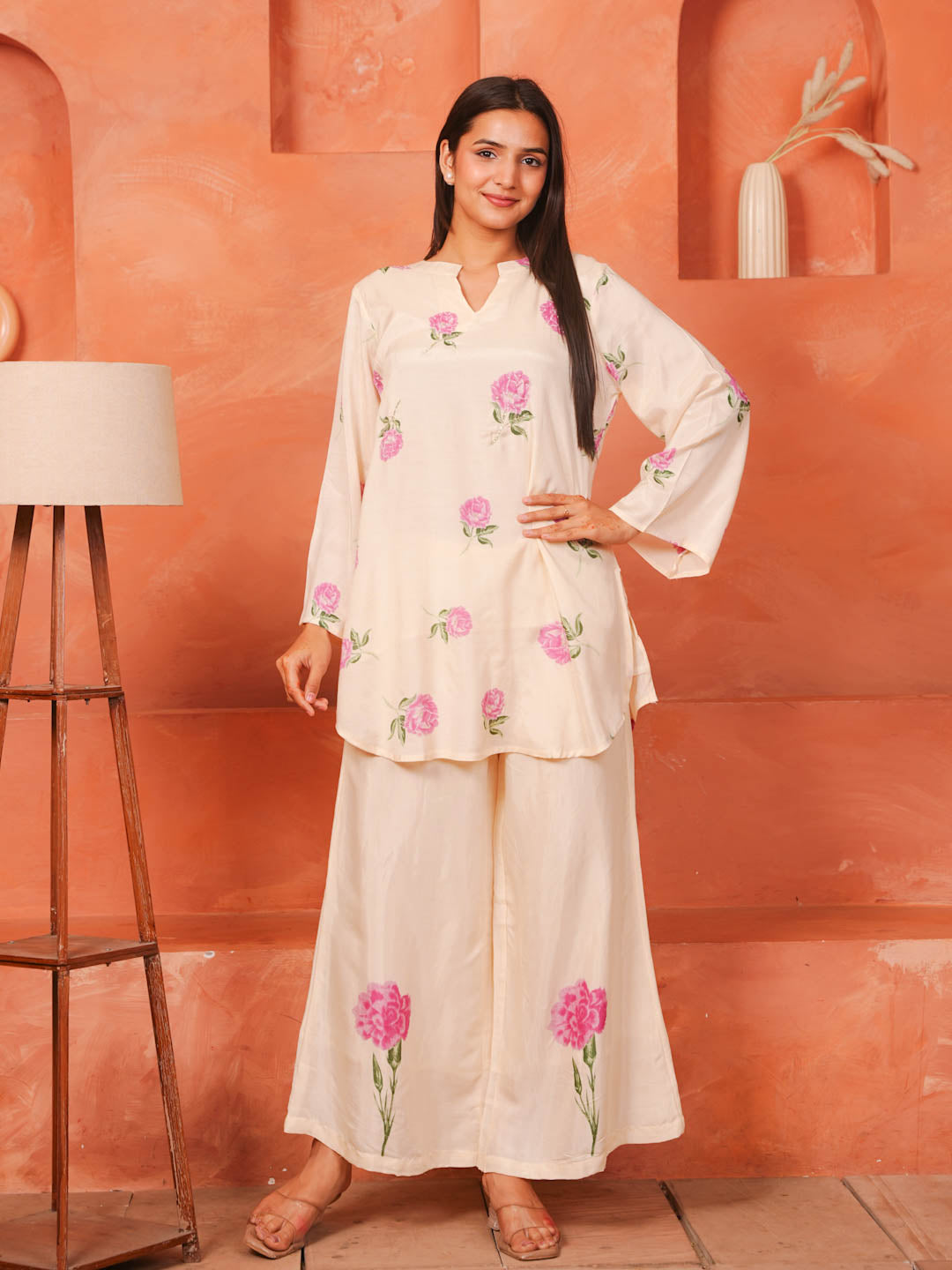 WHITE ROSE PRINT SHANTUNG SILK CO-ORD SET