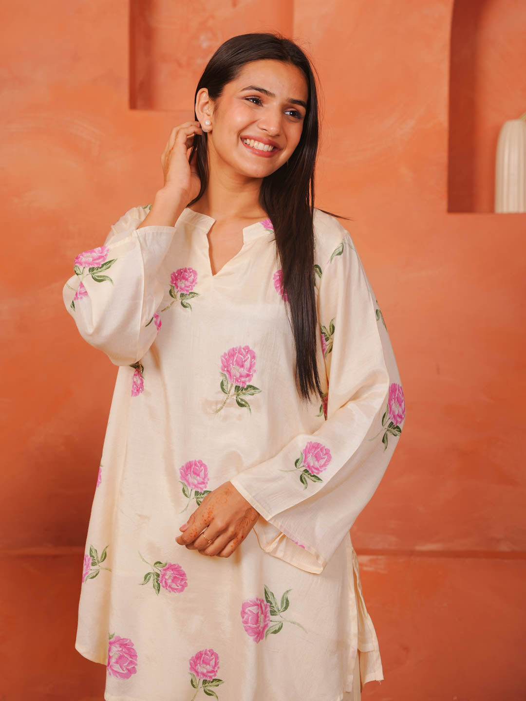 WHITE ROSE PRINT SHANTUNG SILK CO-ORD SET