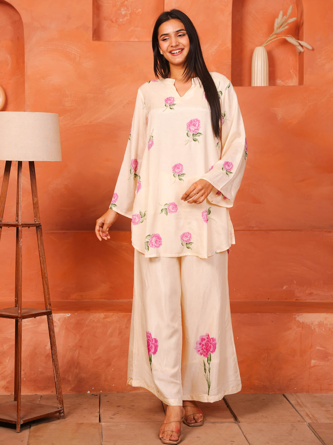 WHITE ROSE PRINT SHANTUNG SILK CO-ORD SET