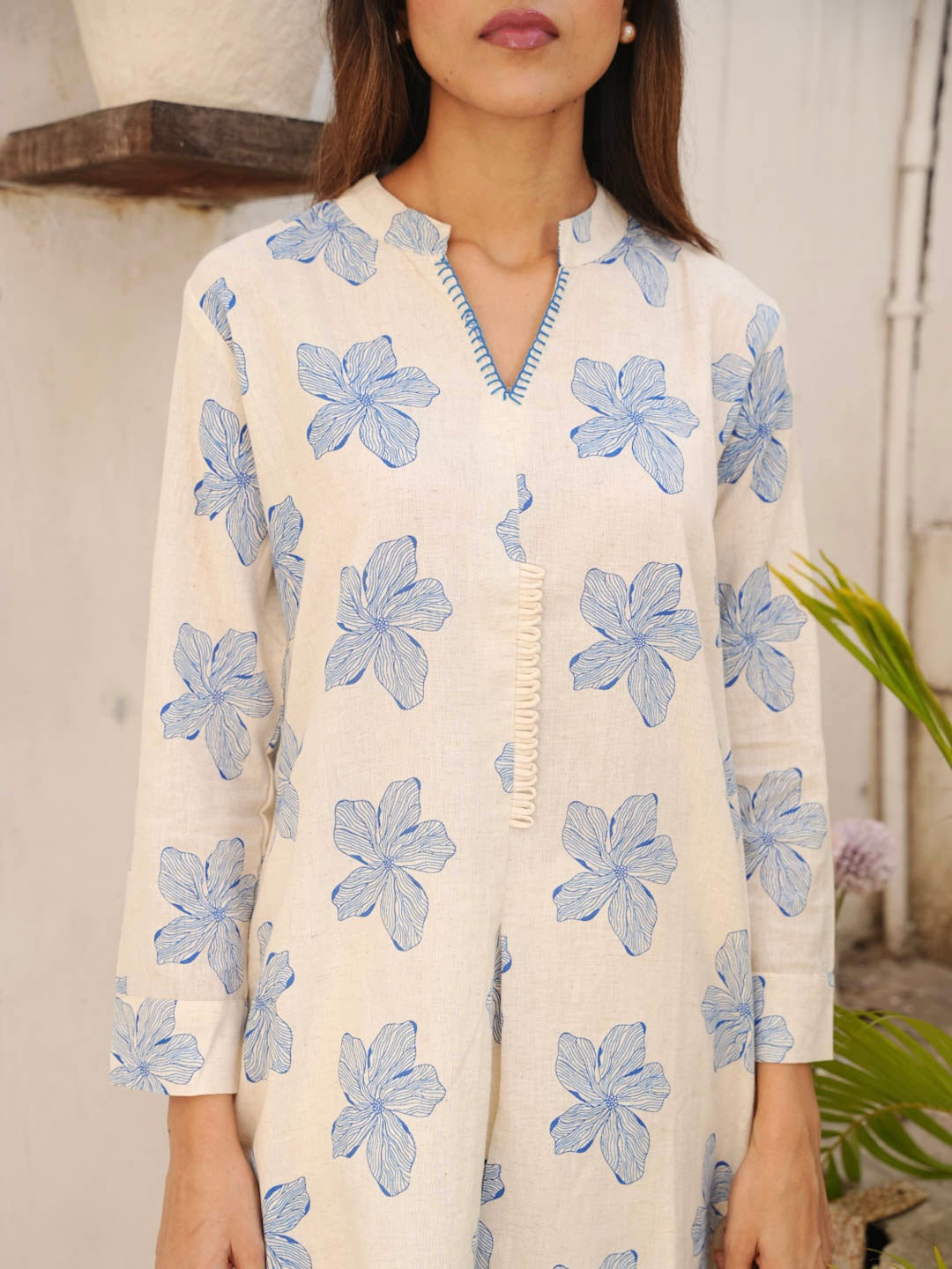 CREAM & BLUE COTTON SLUB CO-ORD SET