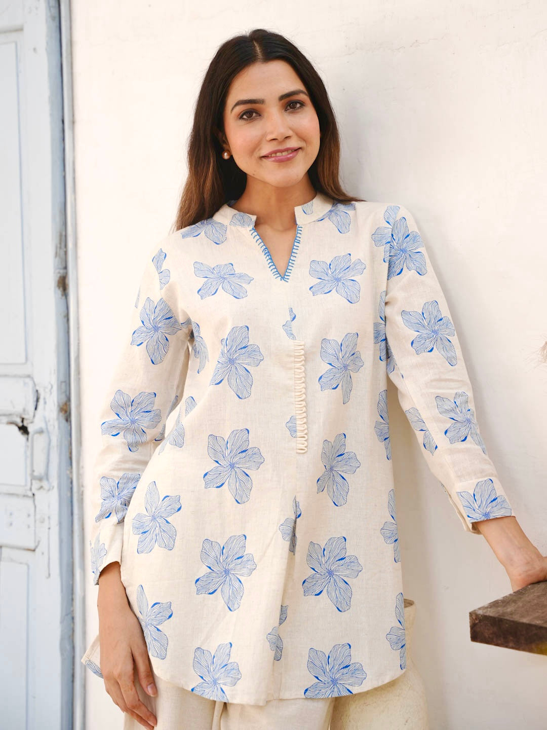 CREAM & BLUE COTTON SLUB CO-ORD SET