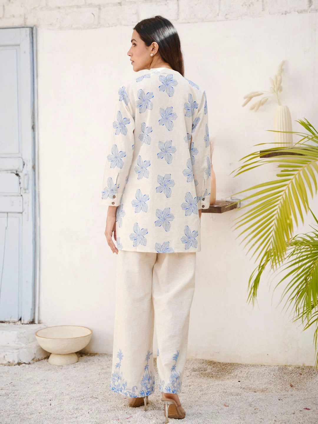 CREAM & BLUE COTTON SLUB CO-ORD SET