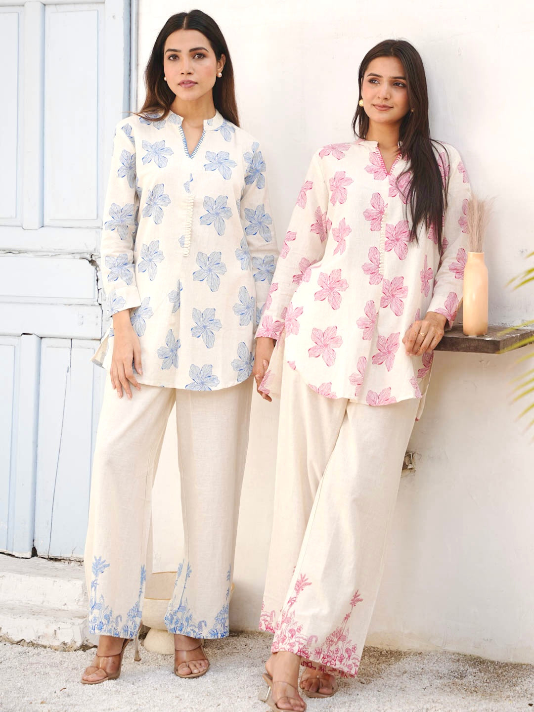 CREAM & BLUE COTTON SLUB CO-ORD SET