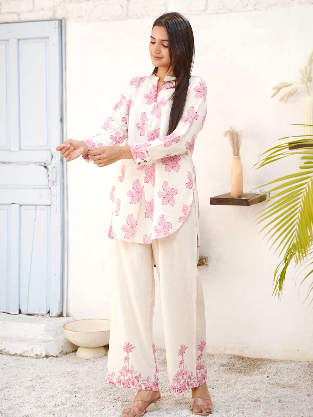 CREAM & PINK COTTON SLUB CO-ORD SET