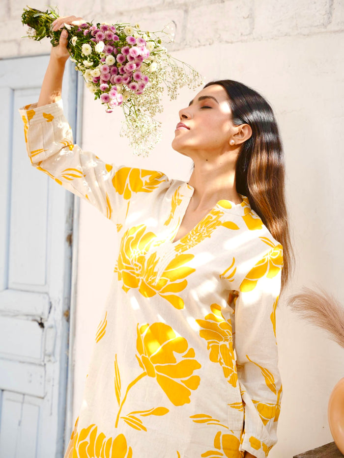 CREAM & YELLOW COTTON SLUB KURTA SET