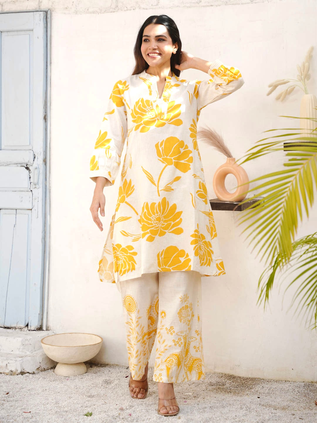 CREAM & YELLOW COTTON SLUB KURTA SET