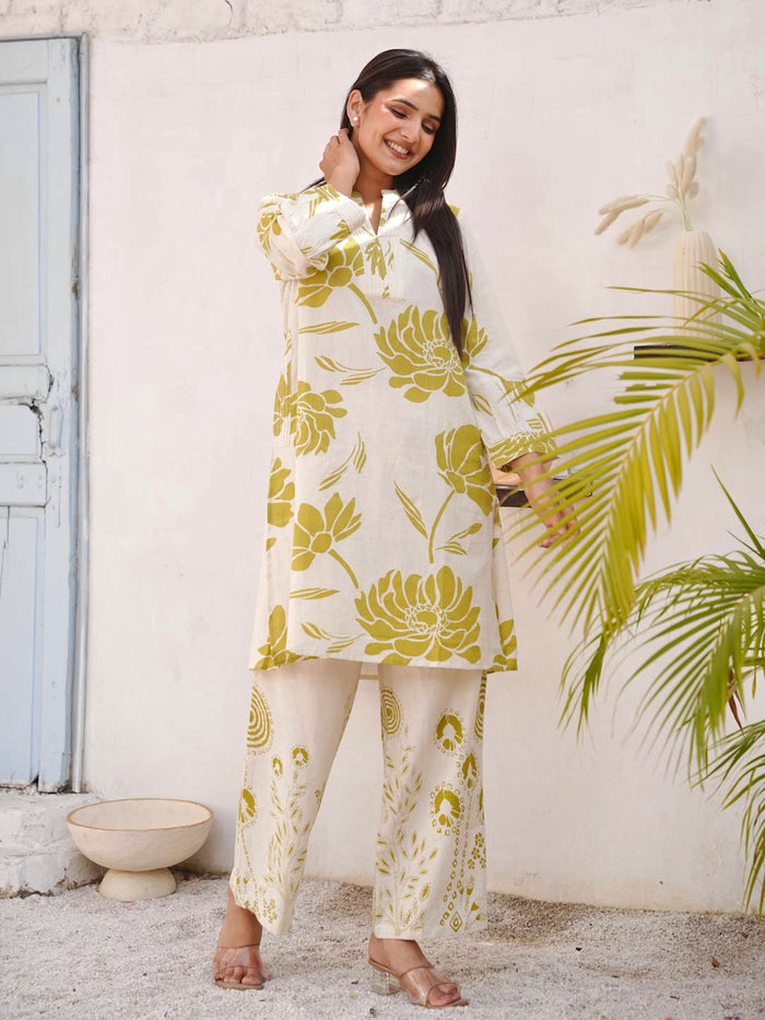 CREAM & GREEN COTTON SLUB KURTA SET