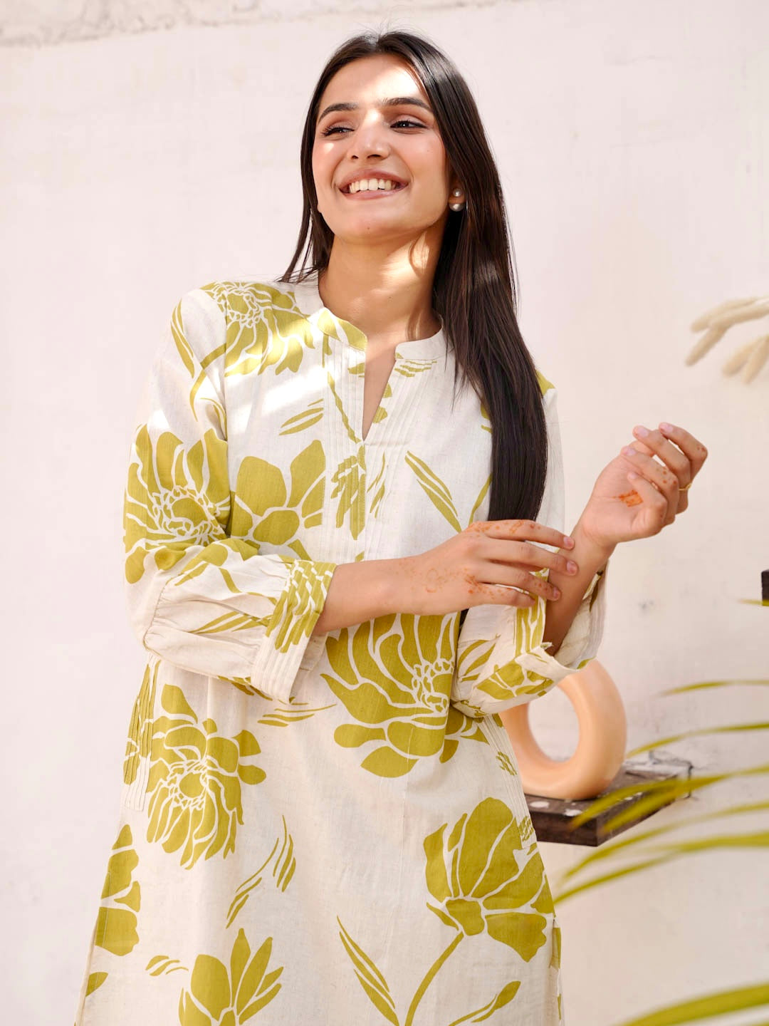 CREAM & GREEN COTTON SLUB KURTA SET