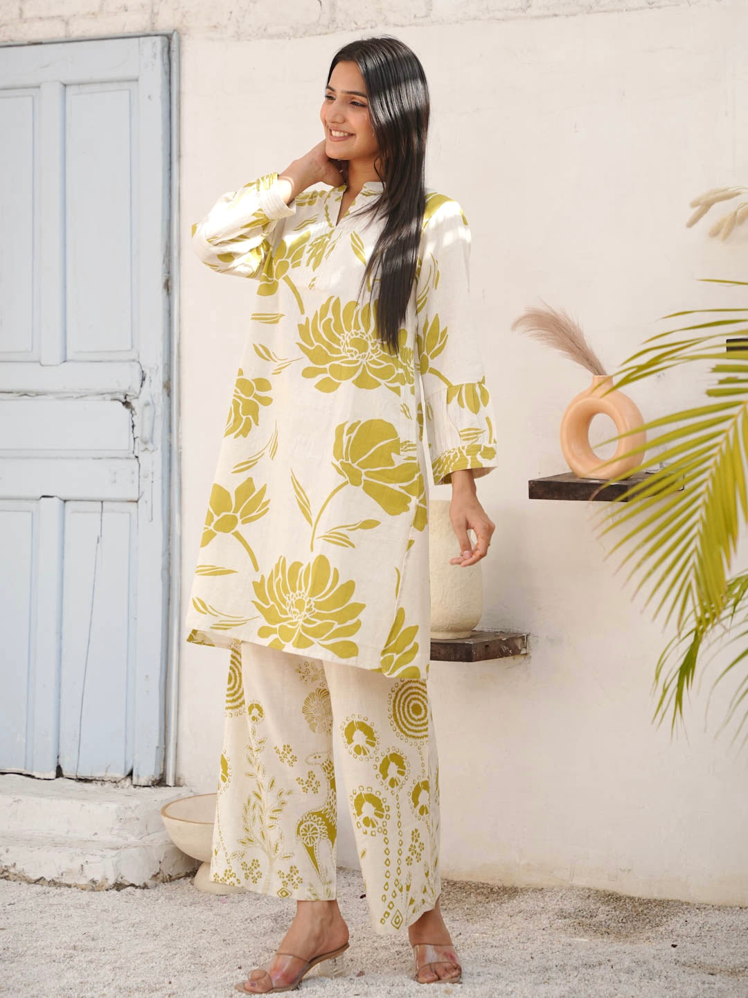 CREAM & GREEN COTTON SLUB KURTA SET