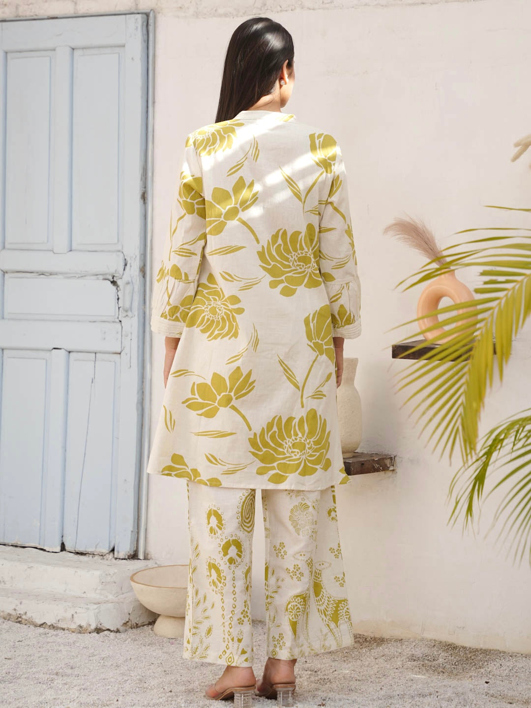 CREAM & GREEN COTTON SLUB KURTA SET