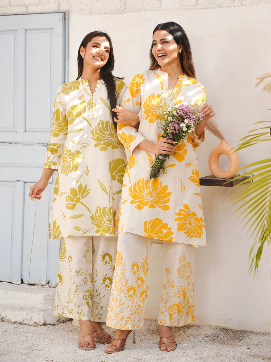 CREAM & GREEN COTTON SLUB KURTA SET