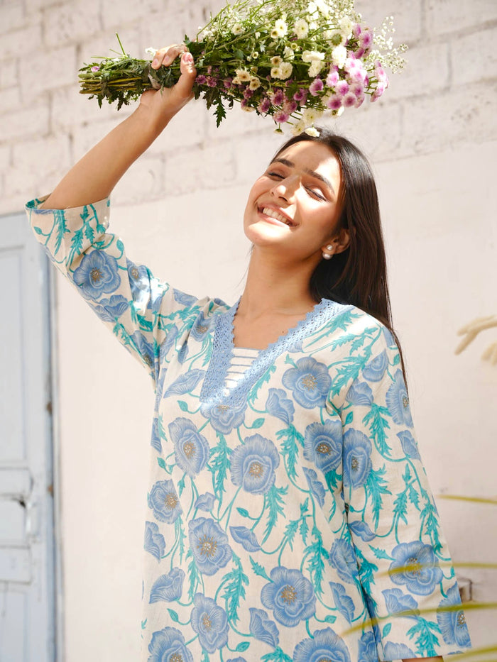 CREAM & BLUE FLOWER COTTON SLUB KURTA SET
