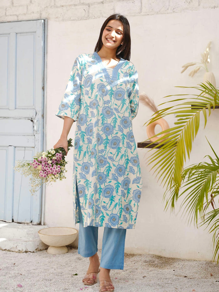 CREAM & BLUE FLOWER COTTON SLUB KURTA SET