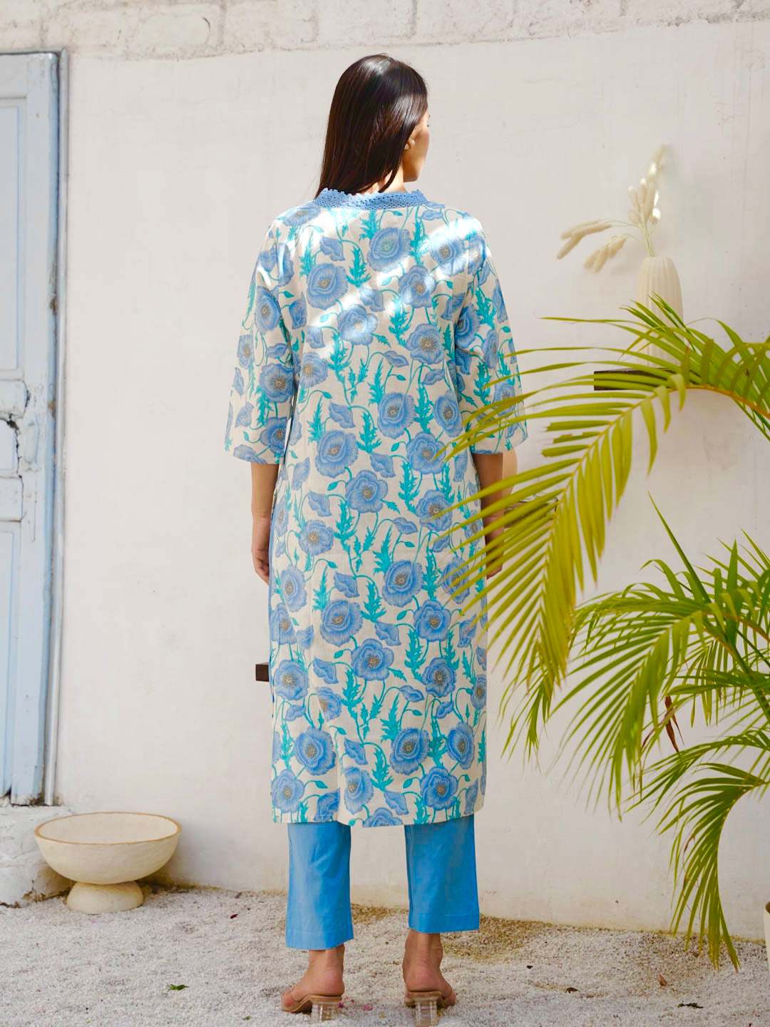 CREAM & BLUE FLOWER COTTON SLUB KURTA SET