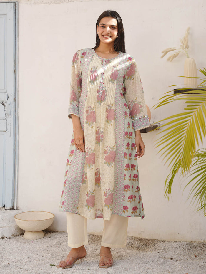 CREAM & REDDISH FLOWER MUL CHANDERI KURTA SET