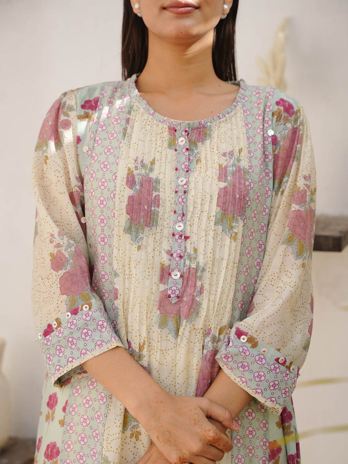 CREAM & REDDISH FLOWER MUL CHANDERI KURTA SET