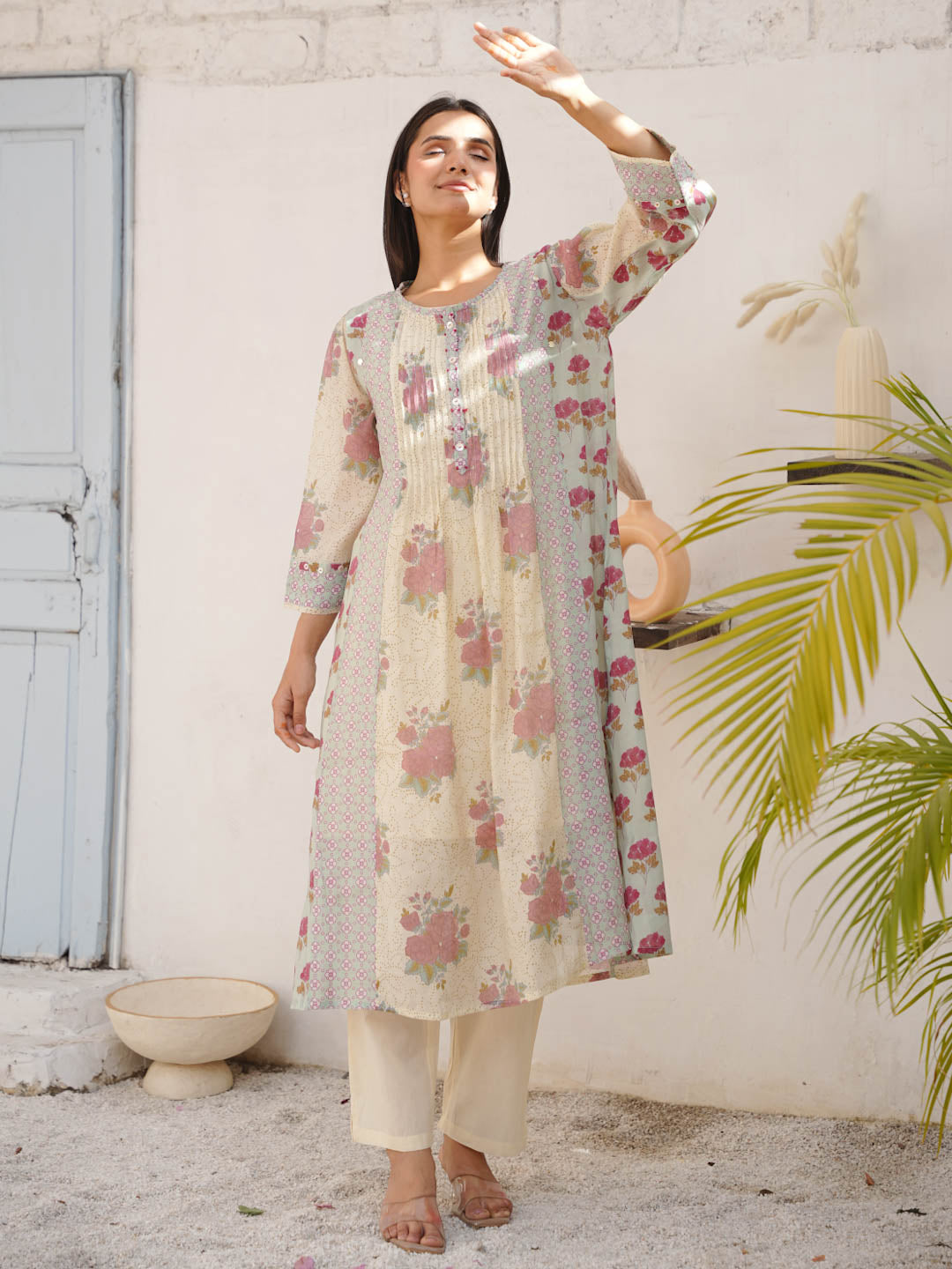 CREAM & REDDISH FLOWER MUL CHANDERI KURTA SET