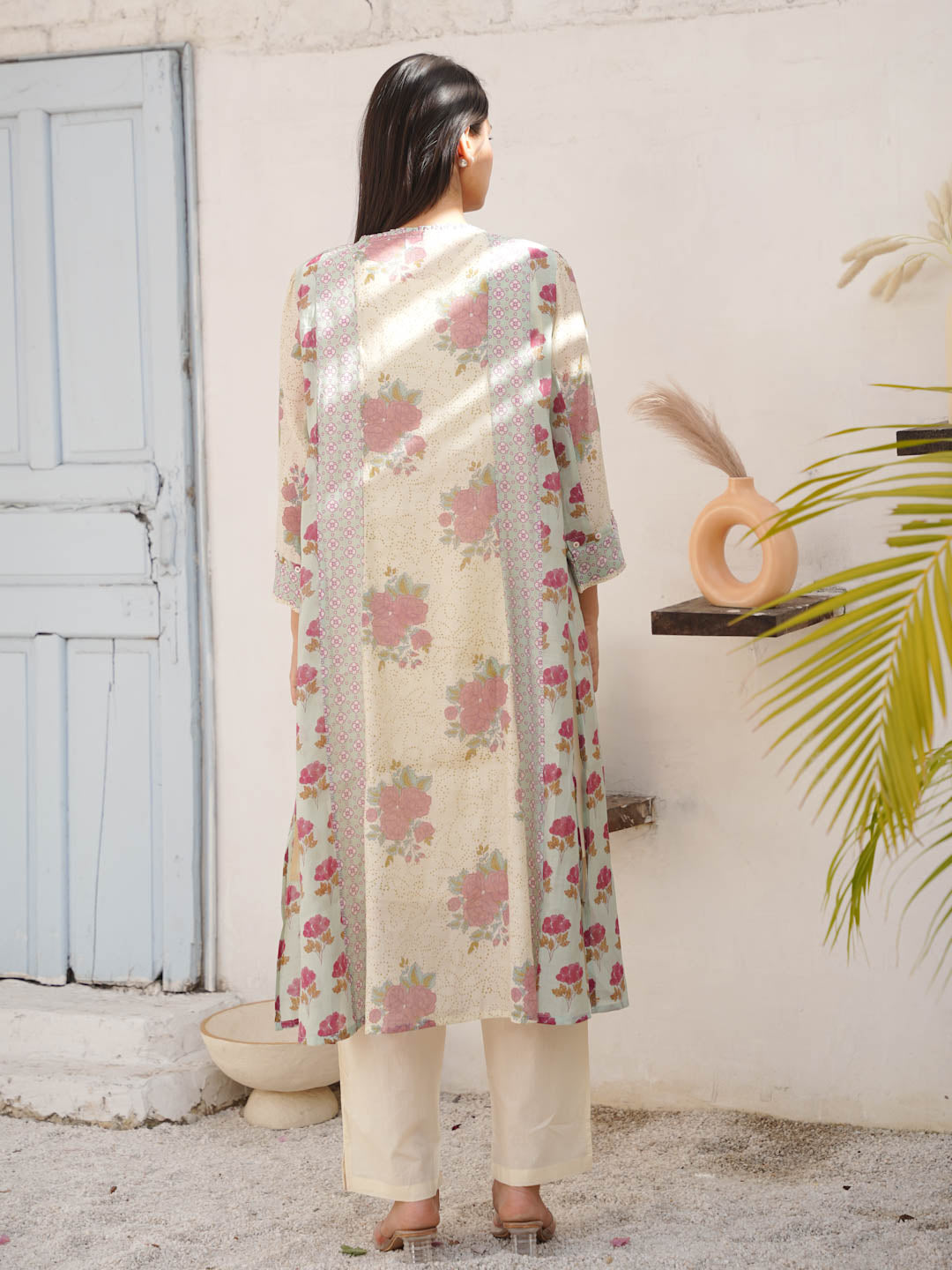 CREAM & REDDISH FLOWER MUL CHANDERI KURTA SET