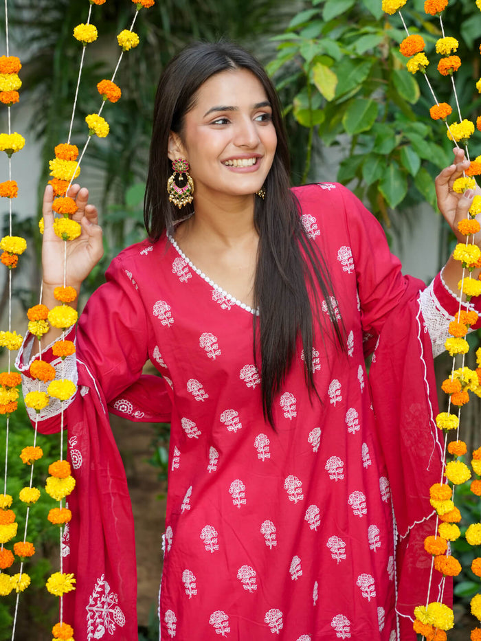 RED & WHITE SUIT SET WITH LACE WORK