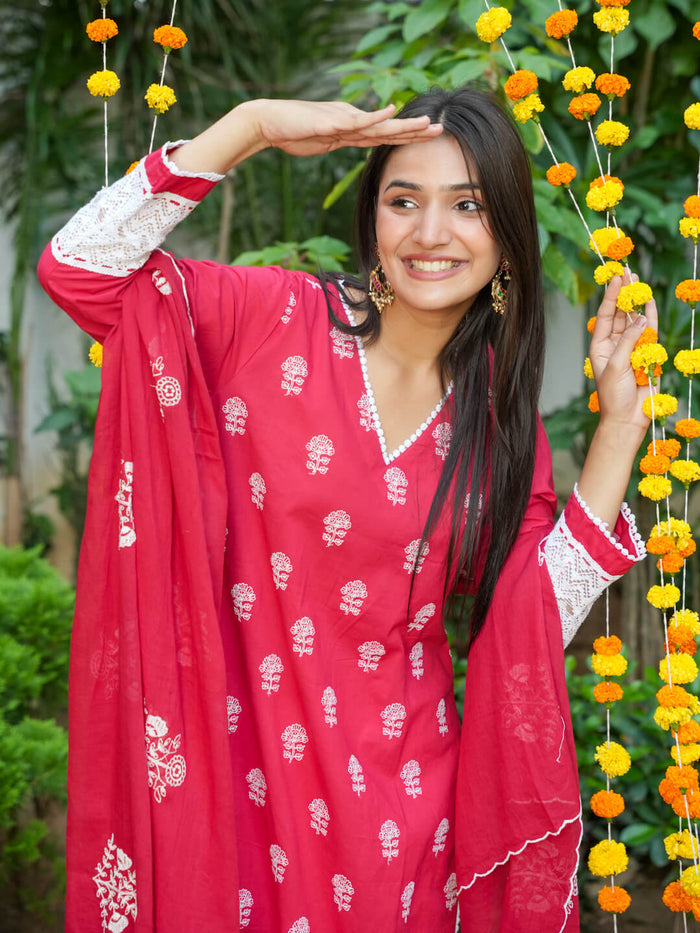 RED & WHITE SUIT SET WITH LACE WORK