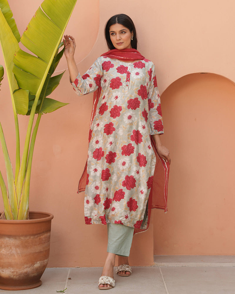 MINT GREEN & RED FLOWER PRINT SUIT SET