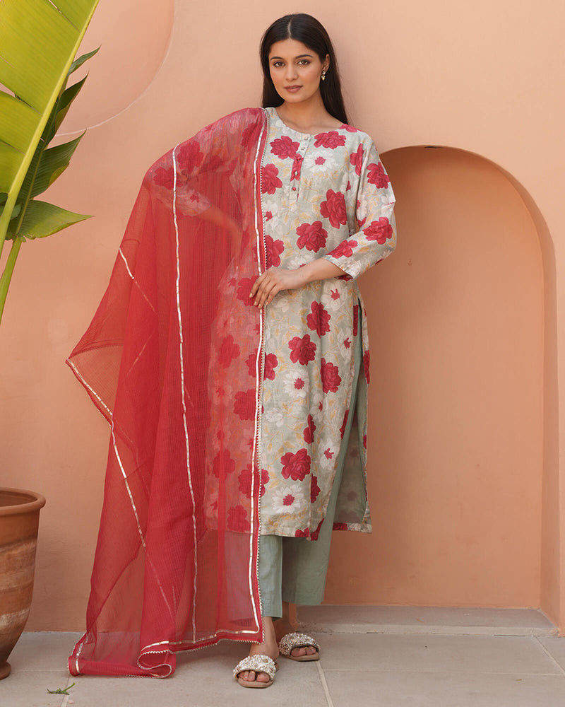 MINT GREEN & RED FLOWER PRINT SUIT SET