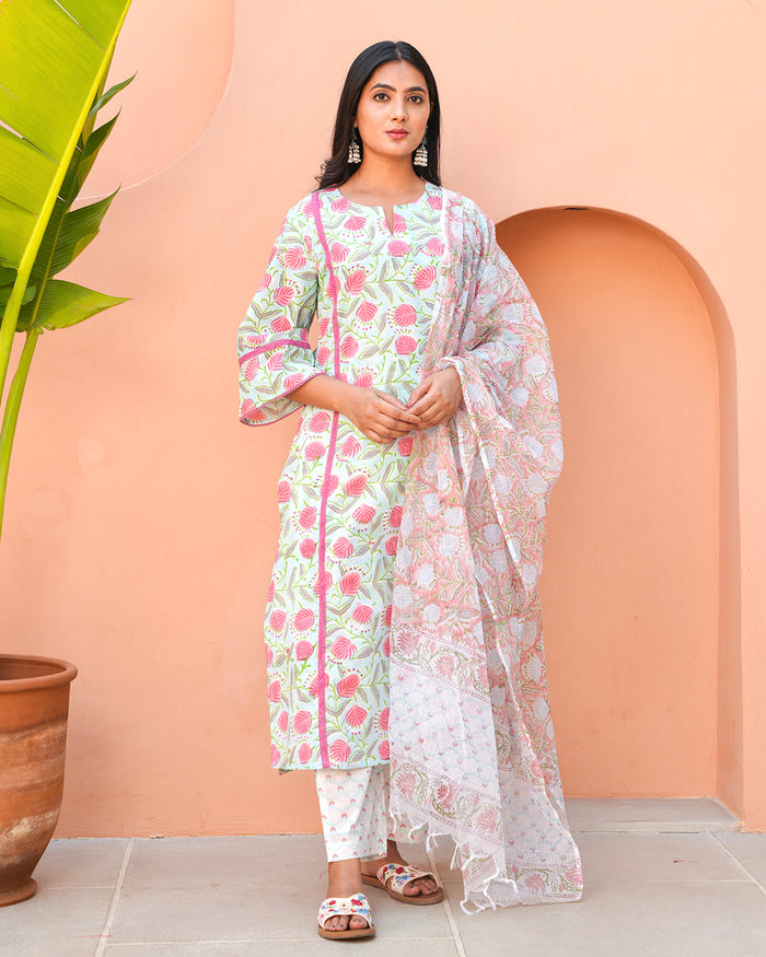 MILKY BLUE & PINK COTTON HANDBLOCK SUIT SET