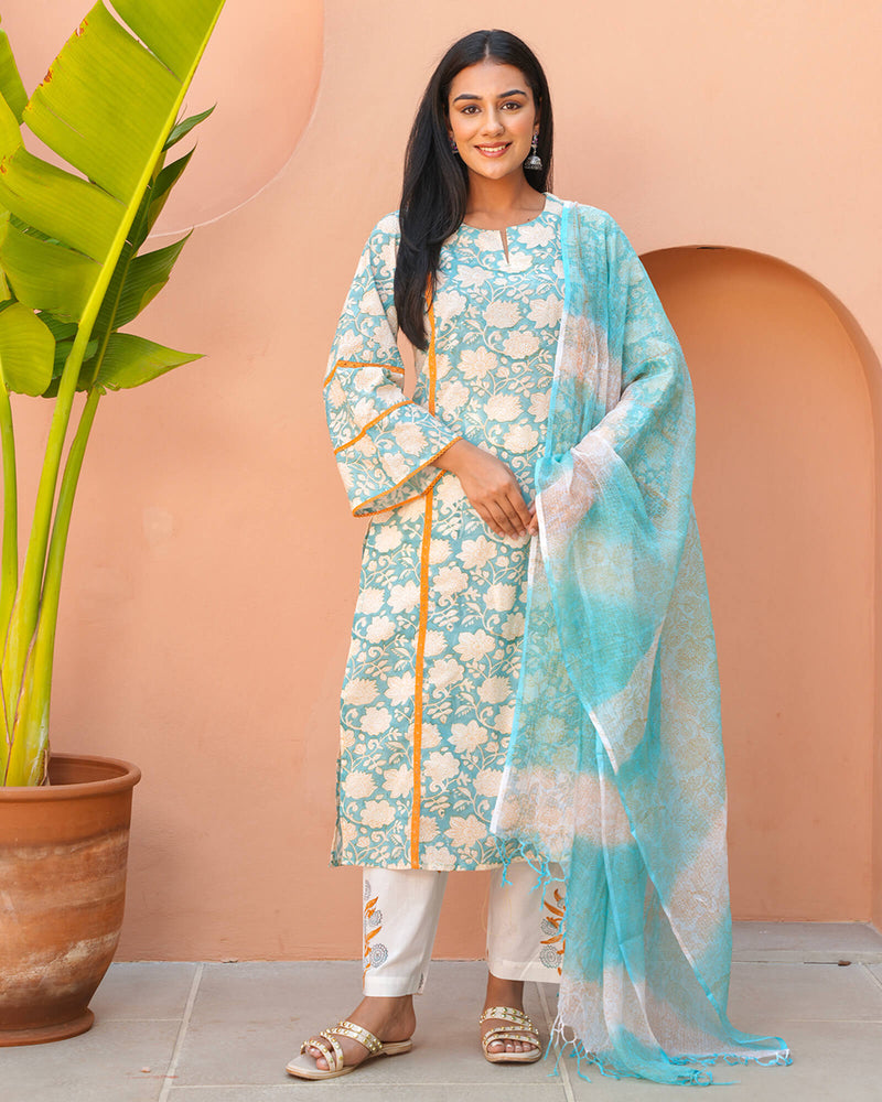 AQUATIC BLUE  COTTON HANDBLOCK SUIT SET