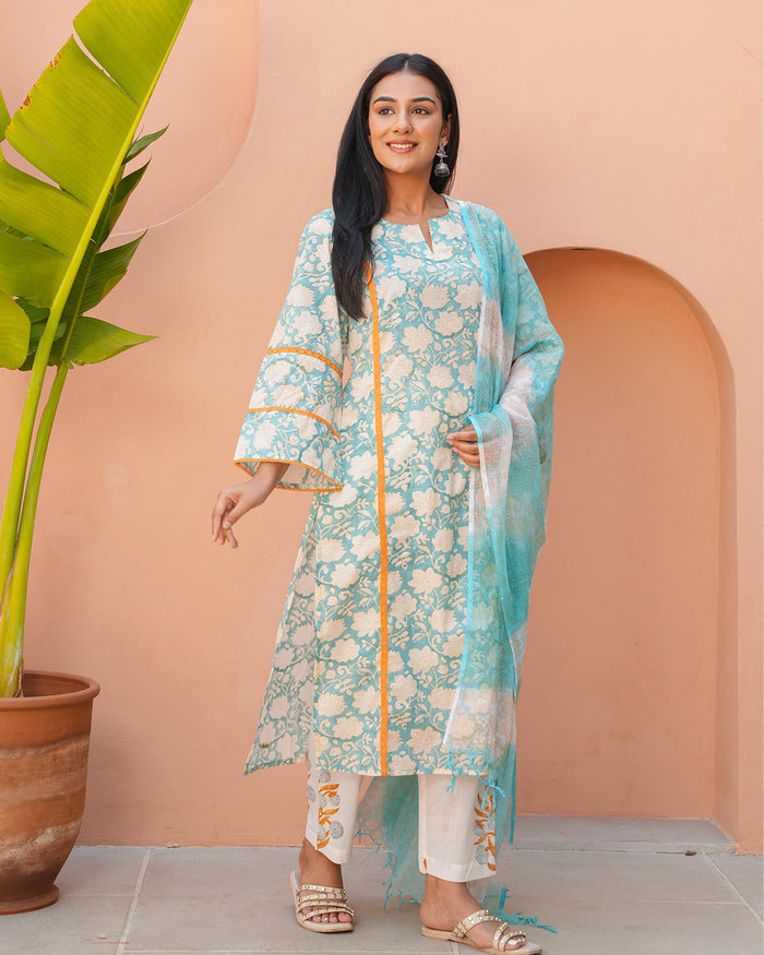 AQUATIC BLUE  COTTON HANDBLOCK SUIT SET